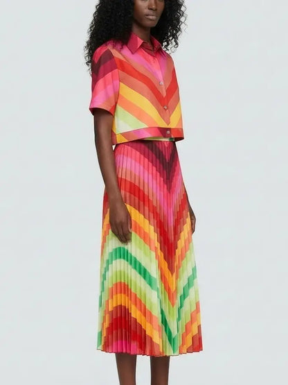 Multicolor Chevron Top & Pleated Skirt Set - Suits & Sets