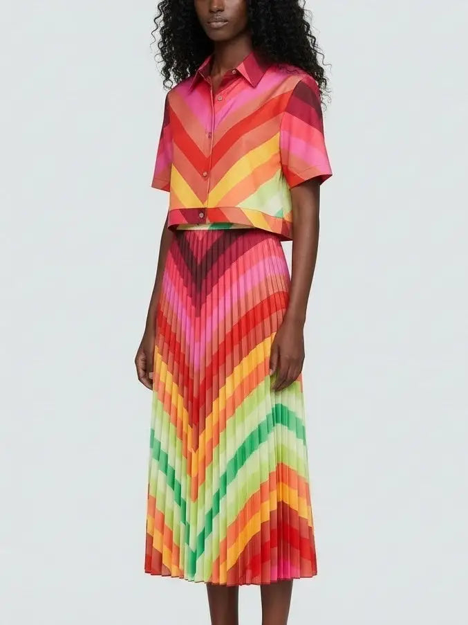Multicolor Chevron Top & Pleated Skirt Set - Suits & Sets