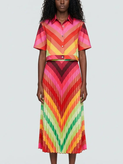 Multicolor Chevron Top & Pleated Skirt Set - Suits & Sets