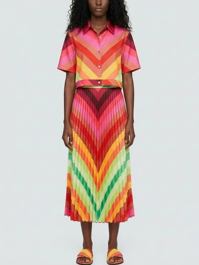 Multicolor Chevron Top & Pleated Skirt Set - Suits & Sets