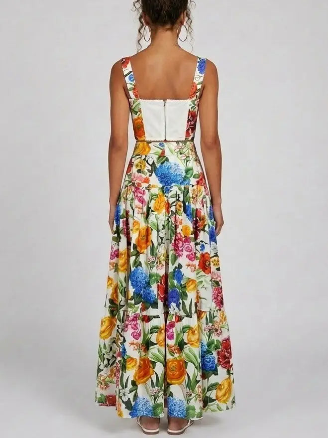 Multicolor Floral Bustier Top and Maxi Skirt Set - Suits & Sets
