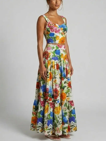 Multicolor Floral Bustier Top and Maxi Skirt Set - Suits & Sets