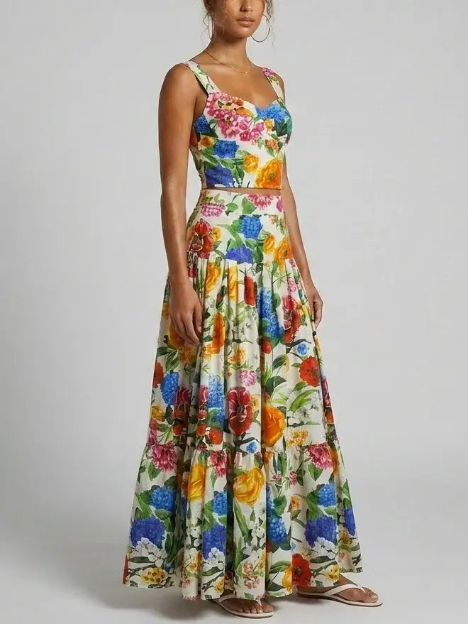 Multicolor Floral Bustier Top and Maxi Skirt Set - Suits & Sets