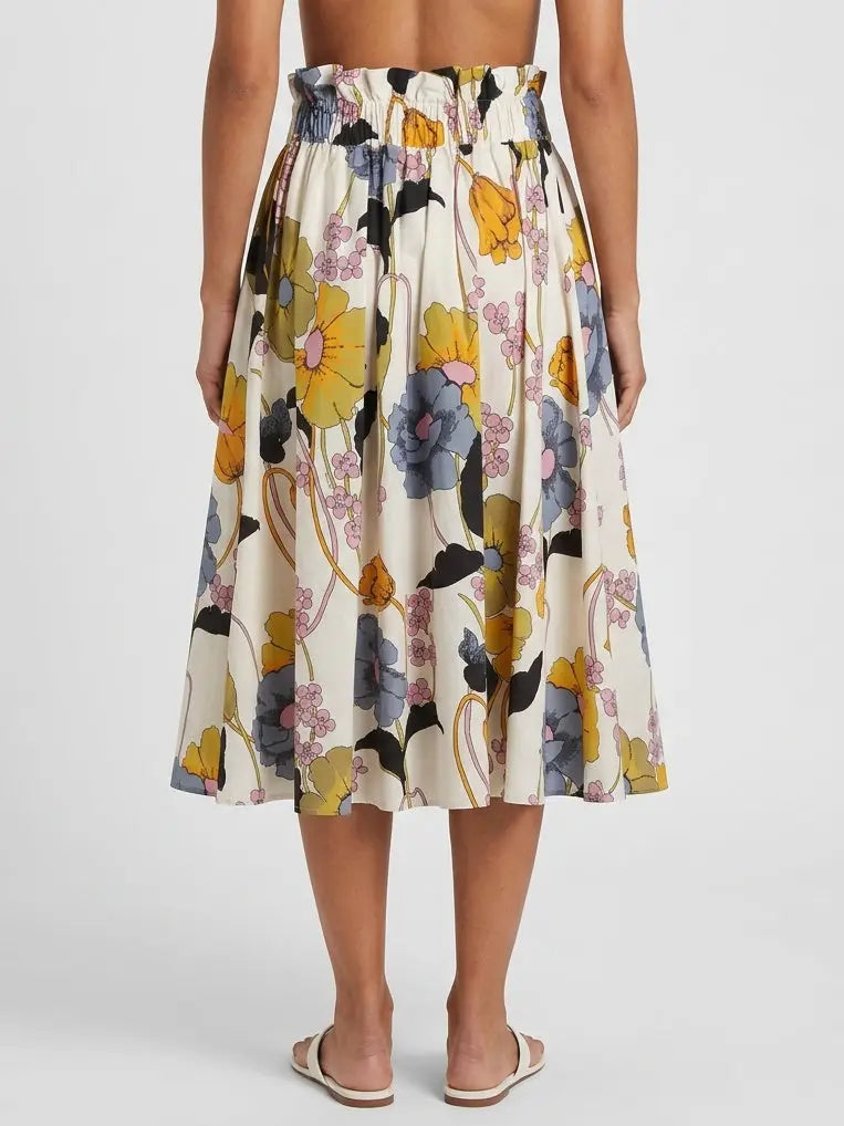 Multicolor Floral Cotton Flared Midi Skirt - Skirts