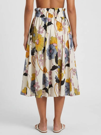 Multicolor Floral Cotton Flared Midi Skirt - Skirts