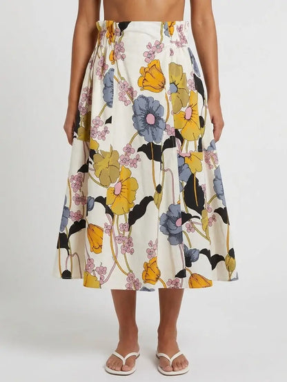 Multicolor Floral Cotton Flared Midi Skirt - Skirts