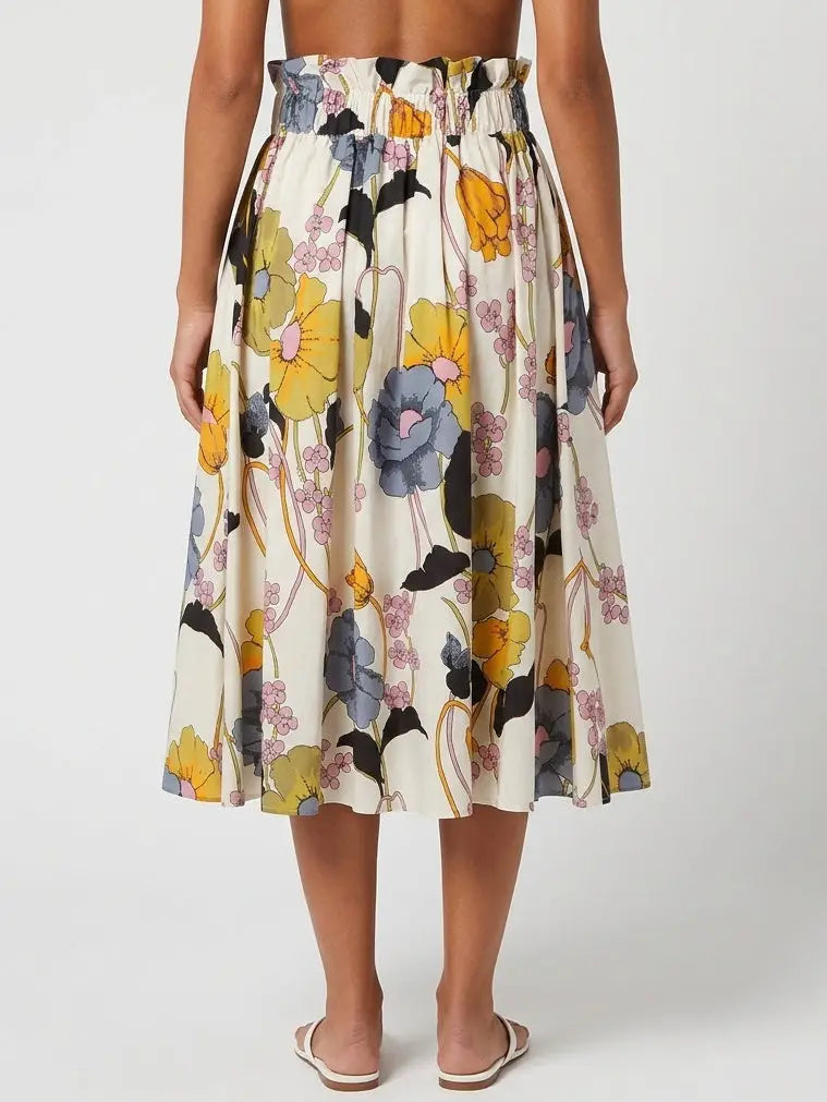 Multicolor Floral Cotton Flared Midi Skirt - Skirts