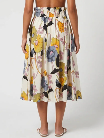 Multicolor Floral Cotton Flared Midi Skirt - Skirts
