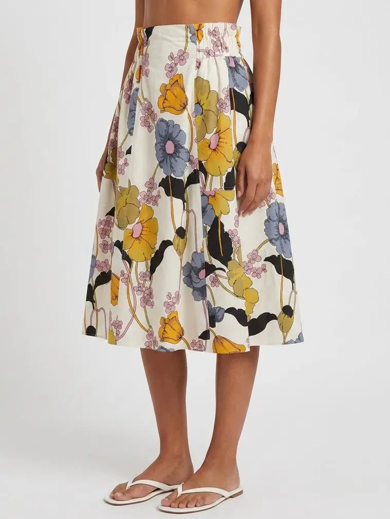 Multicolor Floral Cotton Flared Midi Skirt - Skirts