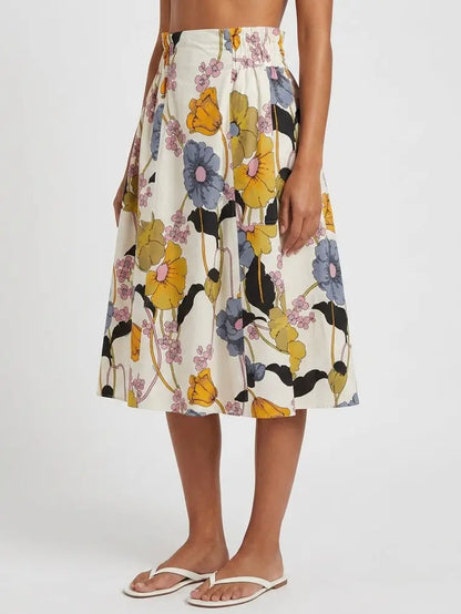 Multicolor Floral Cotton Flared Midi Skirt - Skirts