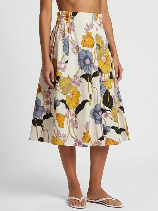Multicolor Floral Cotton Flared Midi Skirt - Skirts