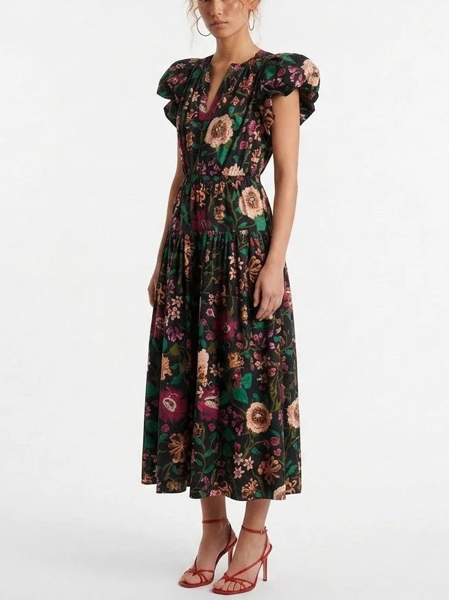 Multicolor Floral Cotton Midi Dress with Flutter Sleeves - Dresses