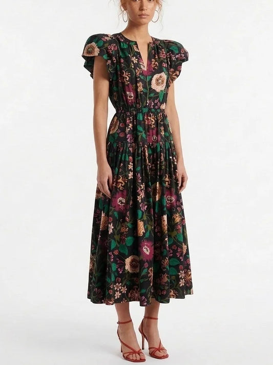 Multicolor Floral Cotton Midi Dress with Flutter Sleeves - Dresses
