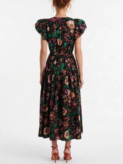 Multicolor Floral Cotton Midi Dress with Flutter Sleeves - Dresses