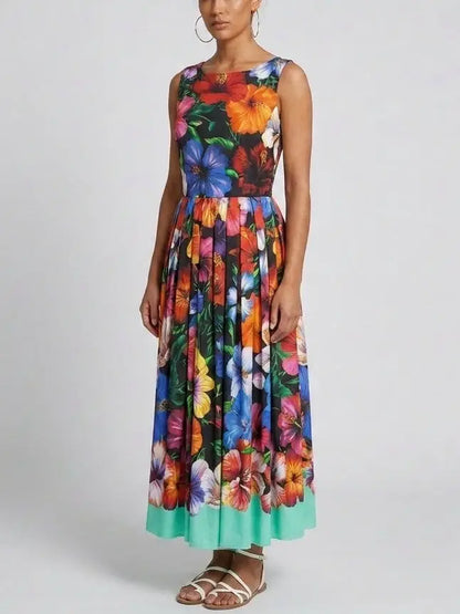 Multicolor Floral Cotton Pleated Dress - Dresses
