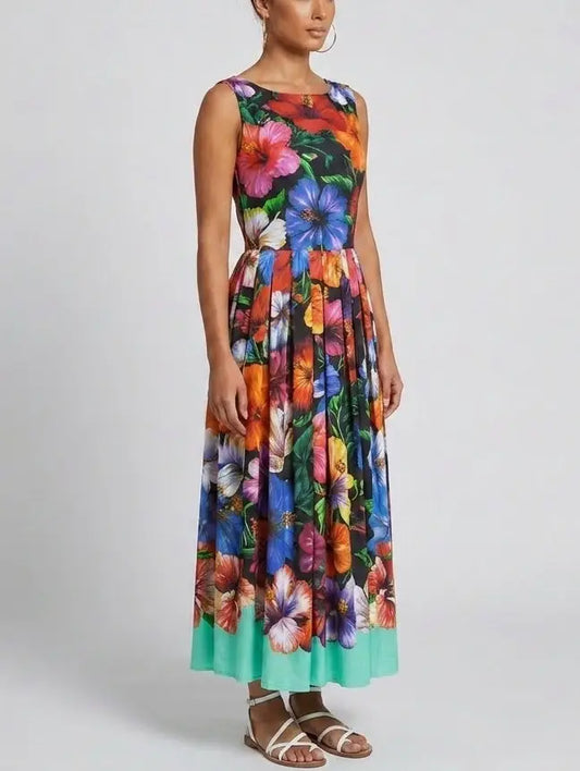 Multicolor Floral Cotton Pleated Dress - Dresses