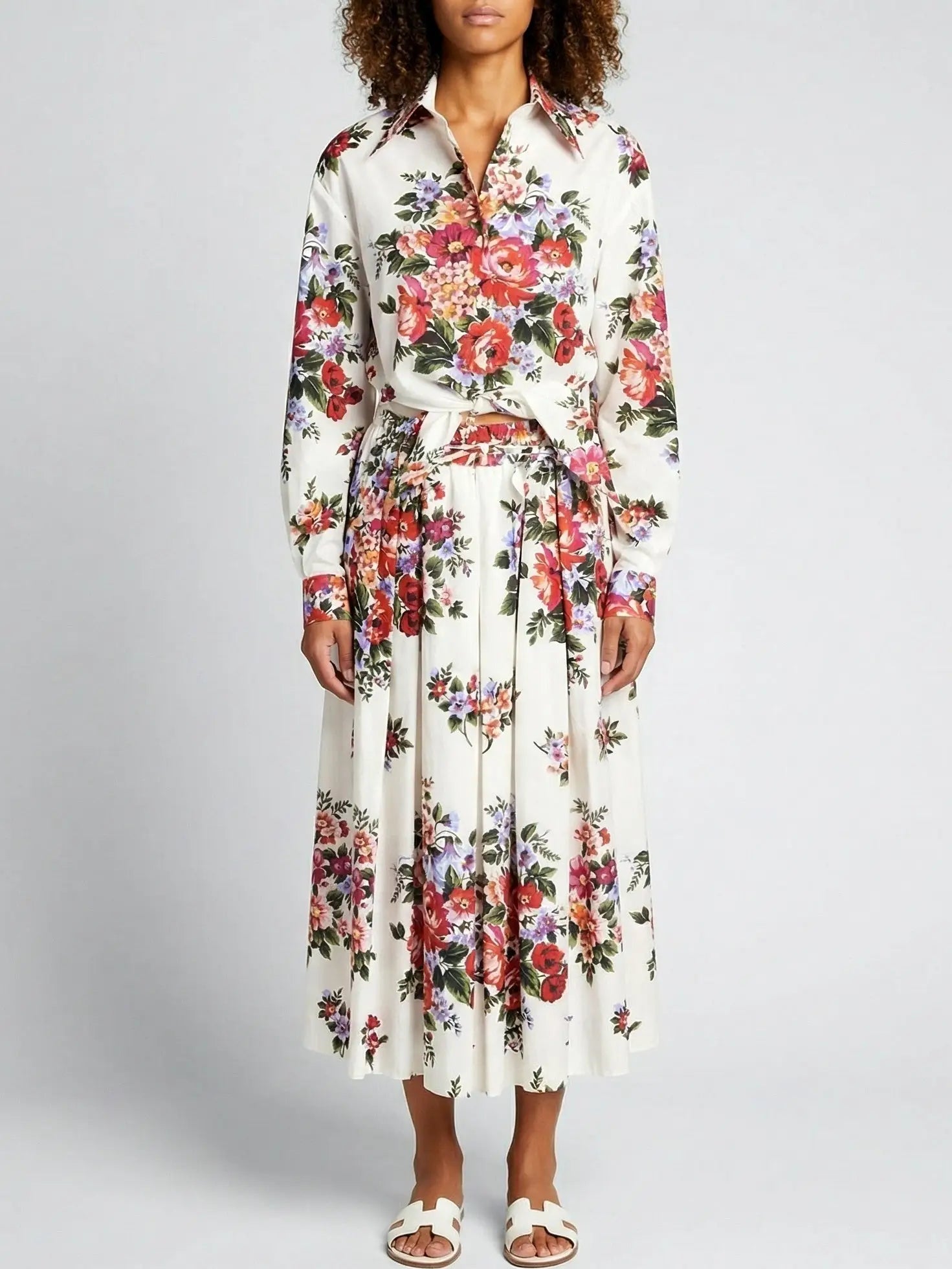 Multicolor Floral Cropped Shirt & Pleated Skirt Set - Suits & Sets