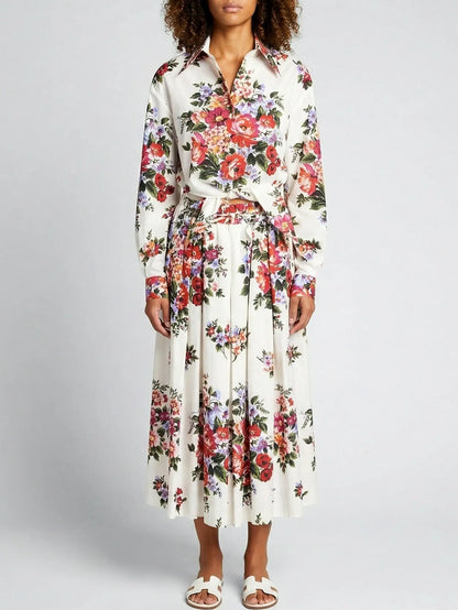 Multicolor Floral Cropped Shirt & Pleated Skirt Set - Suits & Sets