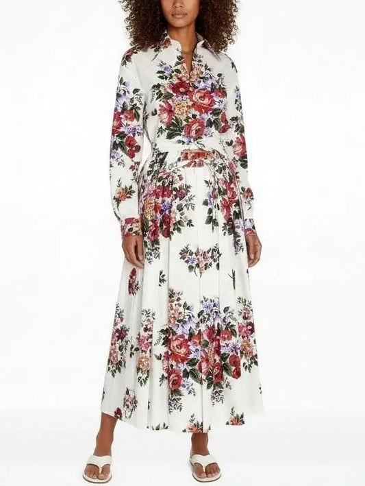 Multicolor Floral Cropped Shirt & Pleated Skirt Set - Suits & Sets