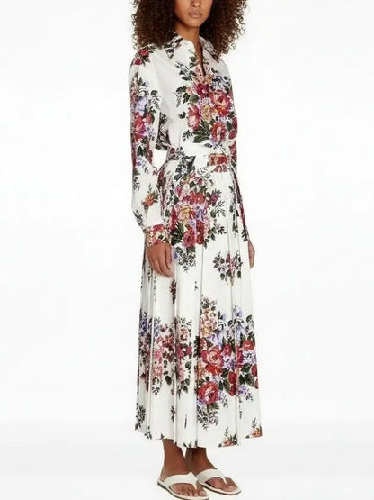 Multicolor Floral Cropped Shirt & Pleated Skirt Set - Suits & Sets