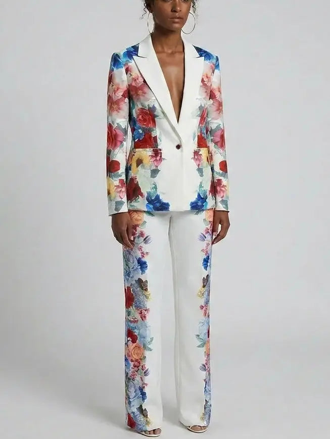 Multicolor Floral Print Blazer and Pants Set - Suits & Sets
