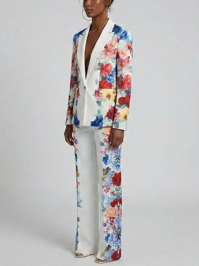 Multicolor Floral Print Blazer and Pants Set - Suits & Sets