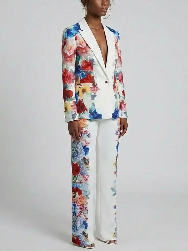 Multicolor Floral Print Blazer and Pants Set - Suits & Sets