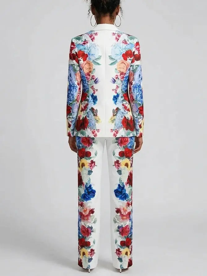 Multicolor Floral Print Blazer and Pants Set - Suits & Sets