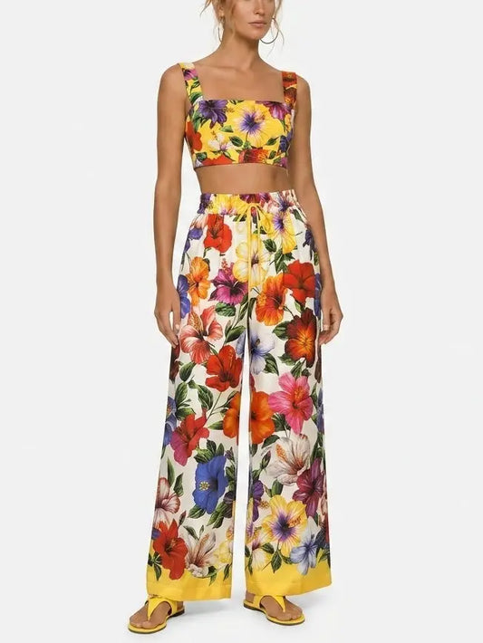 Multicolor Floral Silk Crop Top and Wide Leg Pant Set - Suits & Sets