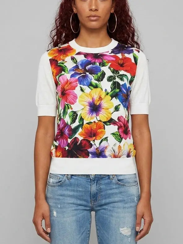 Multicolor Floral Silk Knit Top - Tops