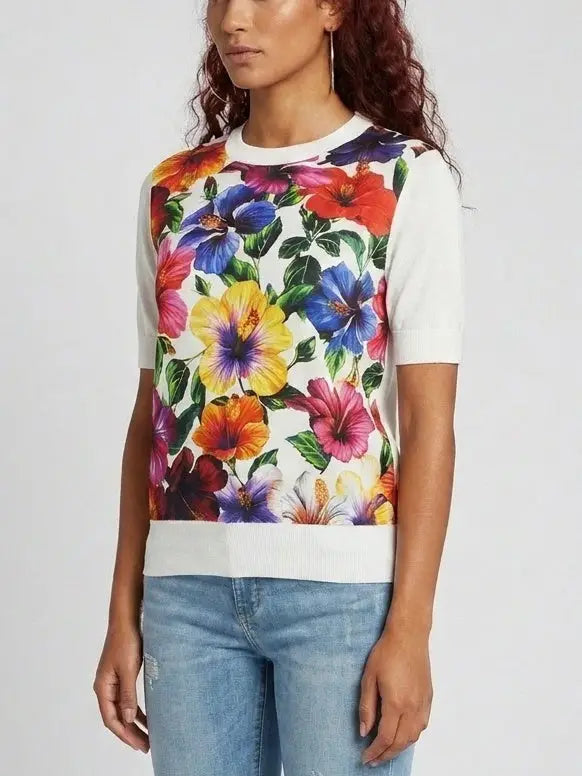 Multicolor Floral Silk Knit Top - Tops
