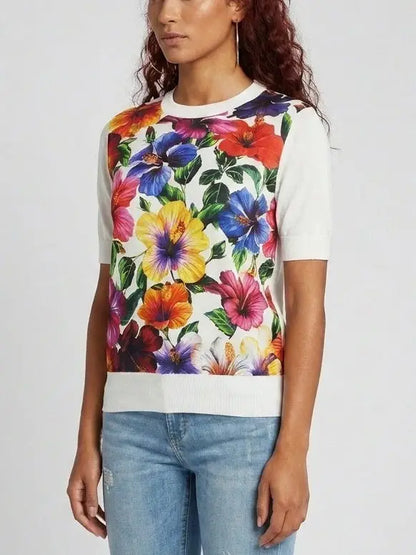 Multicolor Floral Silk Knit Top - Tops