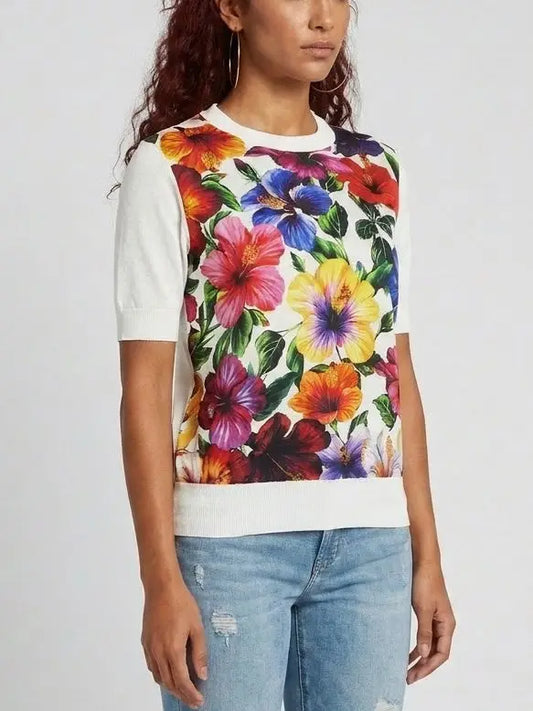 Multicolor Floral Silk Knit Top - Tops