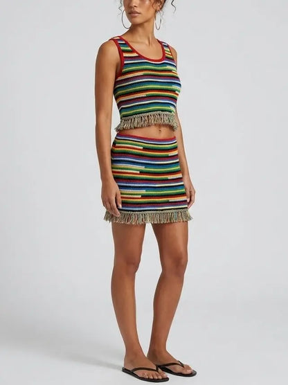 Multicolor Fringe Knit Tank Top and Skirt Set - Suits & Sets