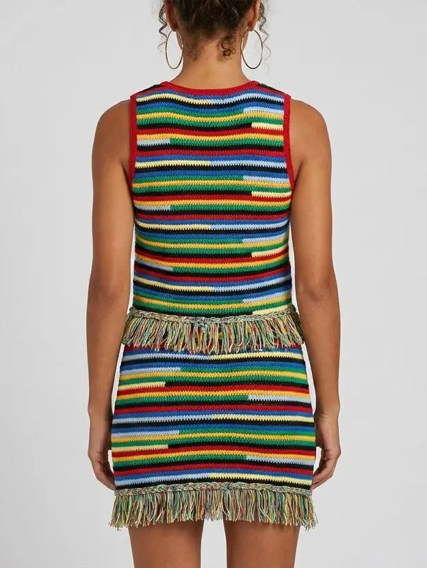 Multicolor Fringe Knit Tank Top and Skirt Set - Suits & Sets