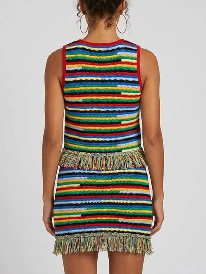 Multicolor Fringe Knit Tank Top and Skirt Set - Suits & Sets