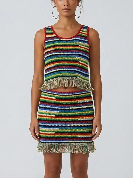 Multicolor Fringe Knit Tank Top and Skirt Set - Suits & Sets