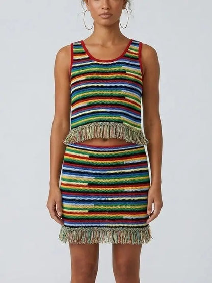 Multicolor Fringe Knit Tank Top and Skirt Set - Suits & Sets