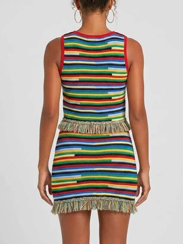 Multicolor Fringe Knit Tank Top and Skirt Set - Suits & Sets