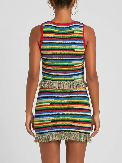 Multicolor Fringe Knit Tank Top and Skirt Set - Suits & Sets
