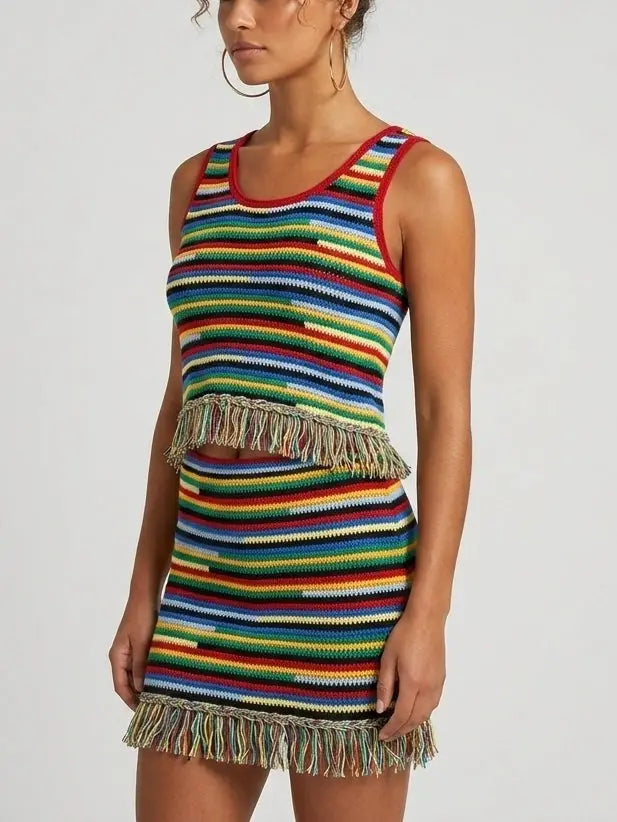 Multicolor Fringe Knit Tank Top and Skirt Set - Suits & Sets