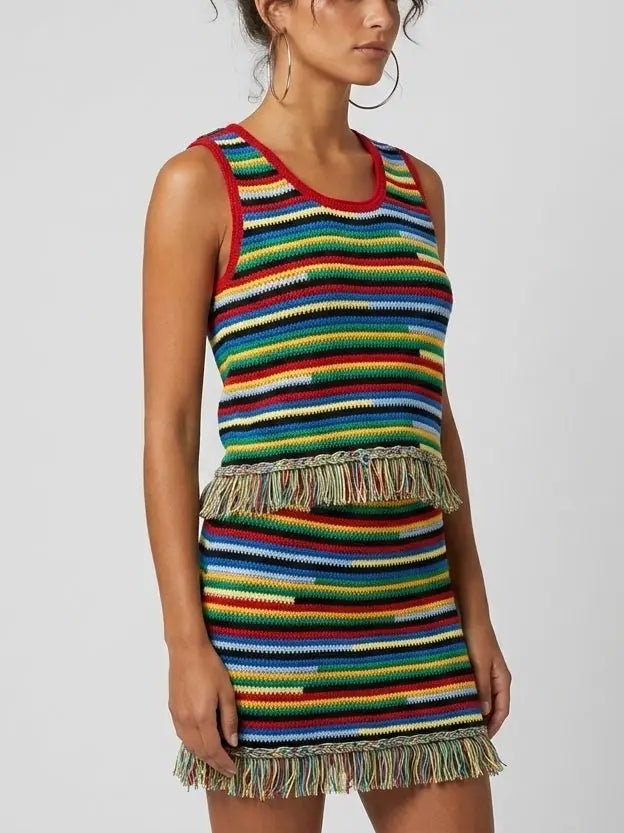 Multicolor Fringe Knit Tank Top and Skirt Set - Suits & Sets