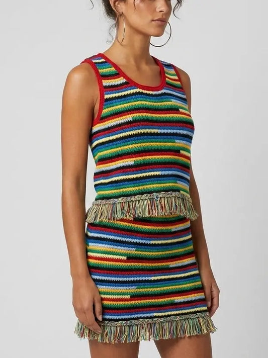 Multicolor Fringe Knit Tank Top and Skirt Set - Suits & Sets