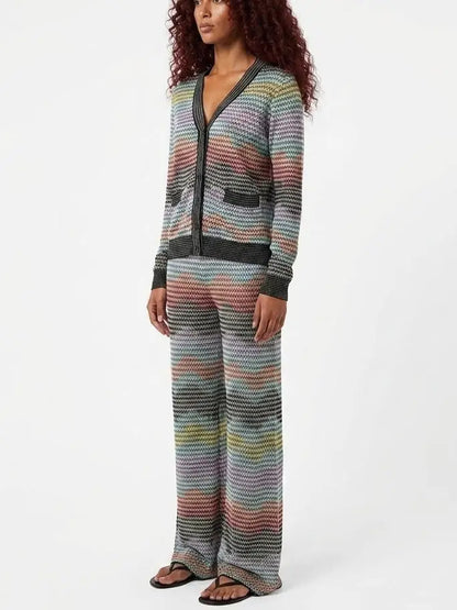 Multicolor Knit Cardigan and Wide Leg Pant Set - Suits & Sets