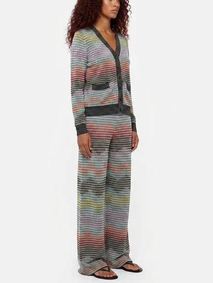 Multicolor Knit Cardigan and Wide Leg Pant Set - Suits & Sets