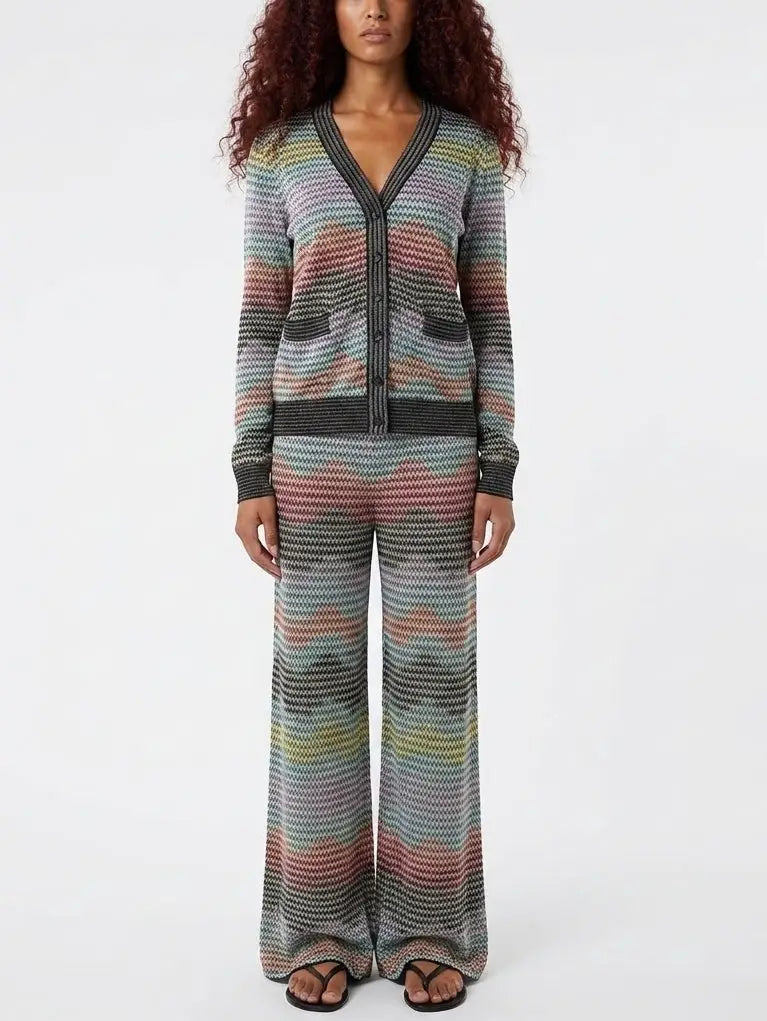 Multicolor Knit Cardigan and Wide Leg Pant Set - Suits & Sets