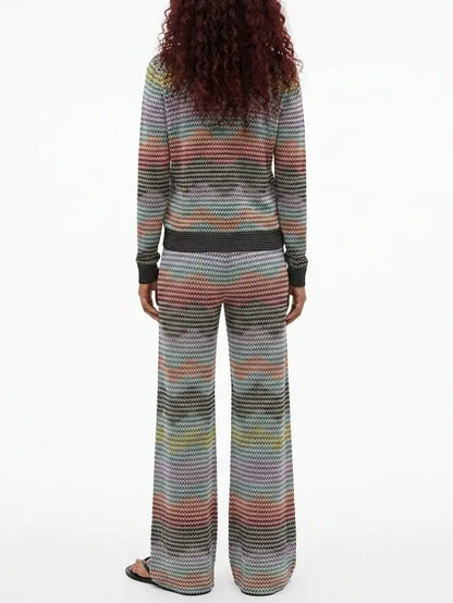 Multicolor Knit Cardigan and Wide Leg Pant Set - Suits & Sets