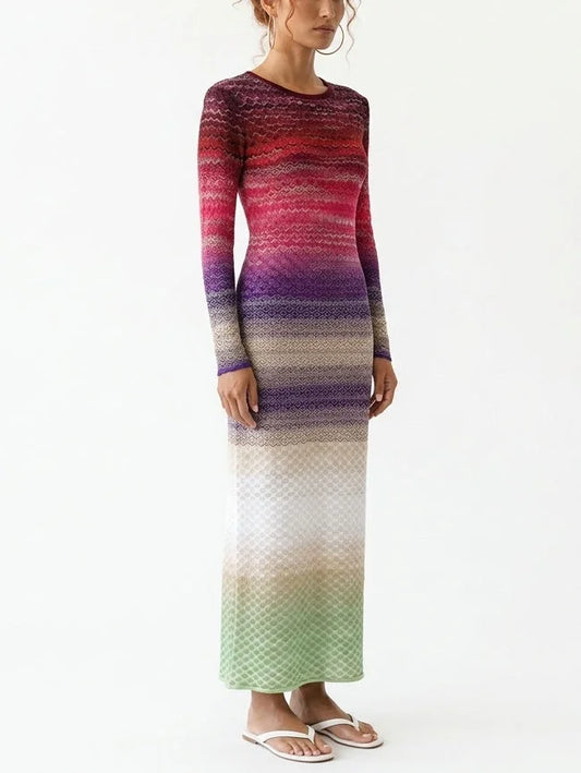 Multicolor Ombre Patterned Knit Maxi Dress - Dresses