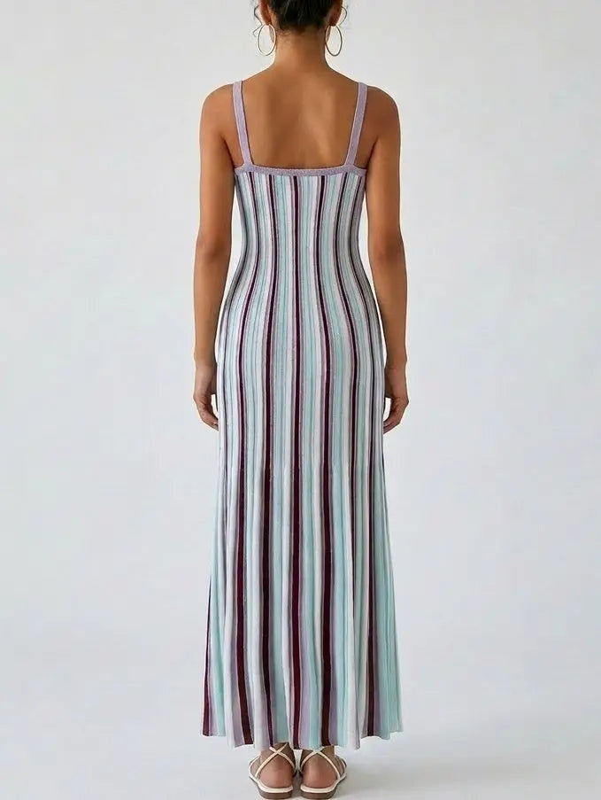 Multicolor Stripe Knit Maxi Dress with V Neck - Dresses