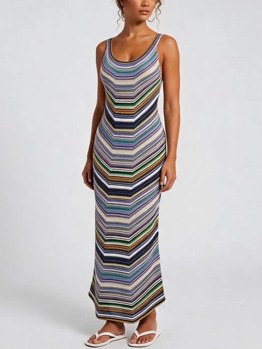 Multicolor Stripe Stretch Knit Maxi Dress - Dresses